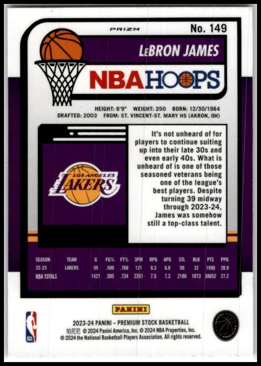 2023-24 Hoops Premium Stock Ice Prizm #149 LeBron James Los Angeles Lakers