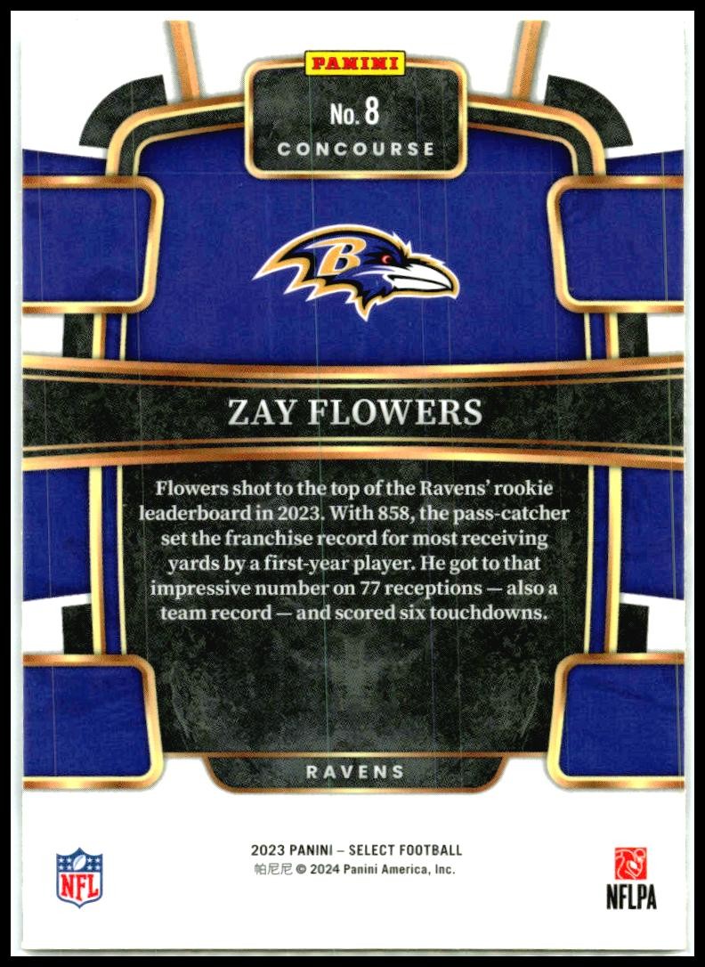 2023 Panini Select #8 Zay Flowers Rookie Baltimore Ravens
