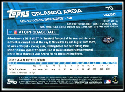 2017 Topps Chrome #73 Orlando Arcia Rookie Milwaukee Brewers