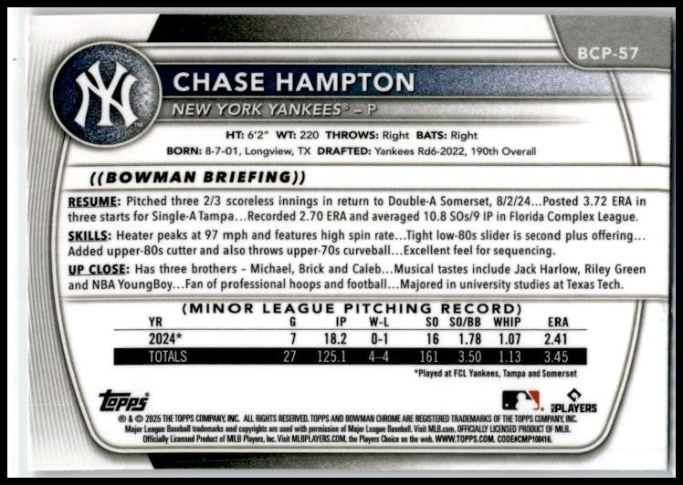 2025 Bowman Chrome #BCP-57 Chase Hampton Yankees