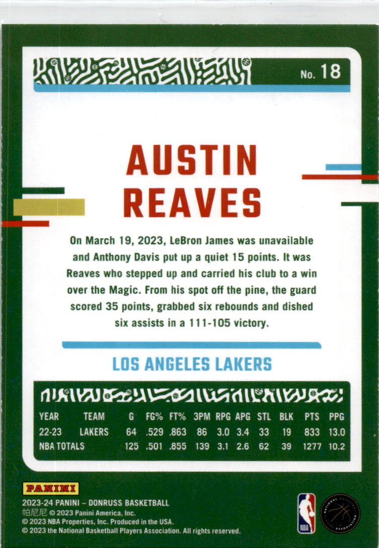 2023-24 Donruss Green Laser Holo #18 Austin Reaves Los Angeles Lakers