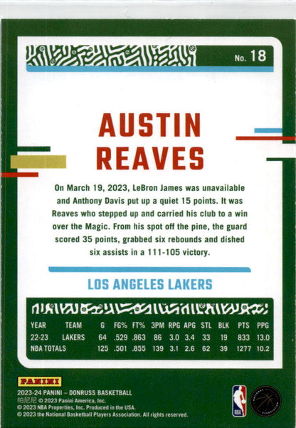 2023-24 Donruss Green Laser Holo #18 Austin Reaves Los Angeles Lakers