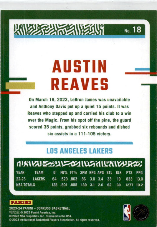 2023-24 Donruss Green Laser Holo #18 Austin Reaves Los Angeles Lakers