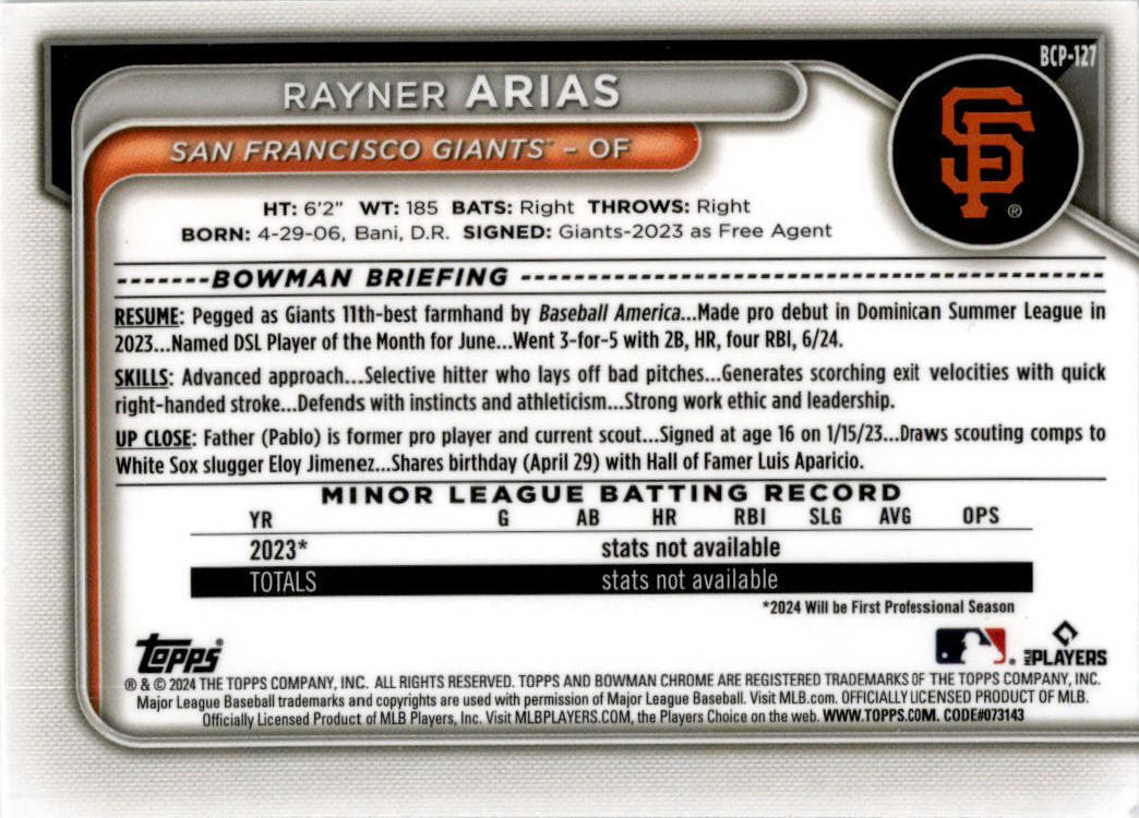 2024 Bowman Chrome Green #BCP-127 Rayner Arias San Francisco Giants