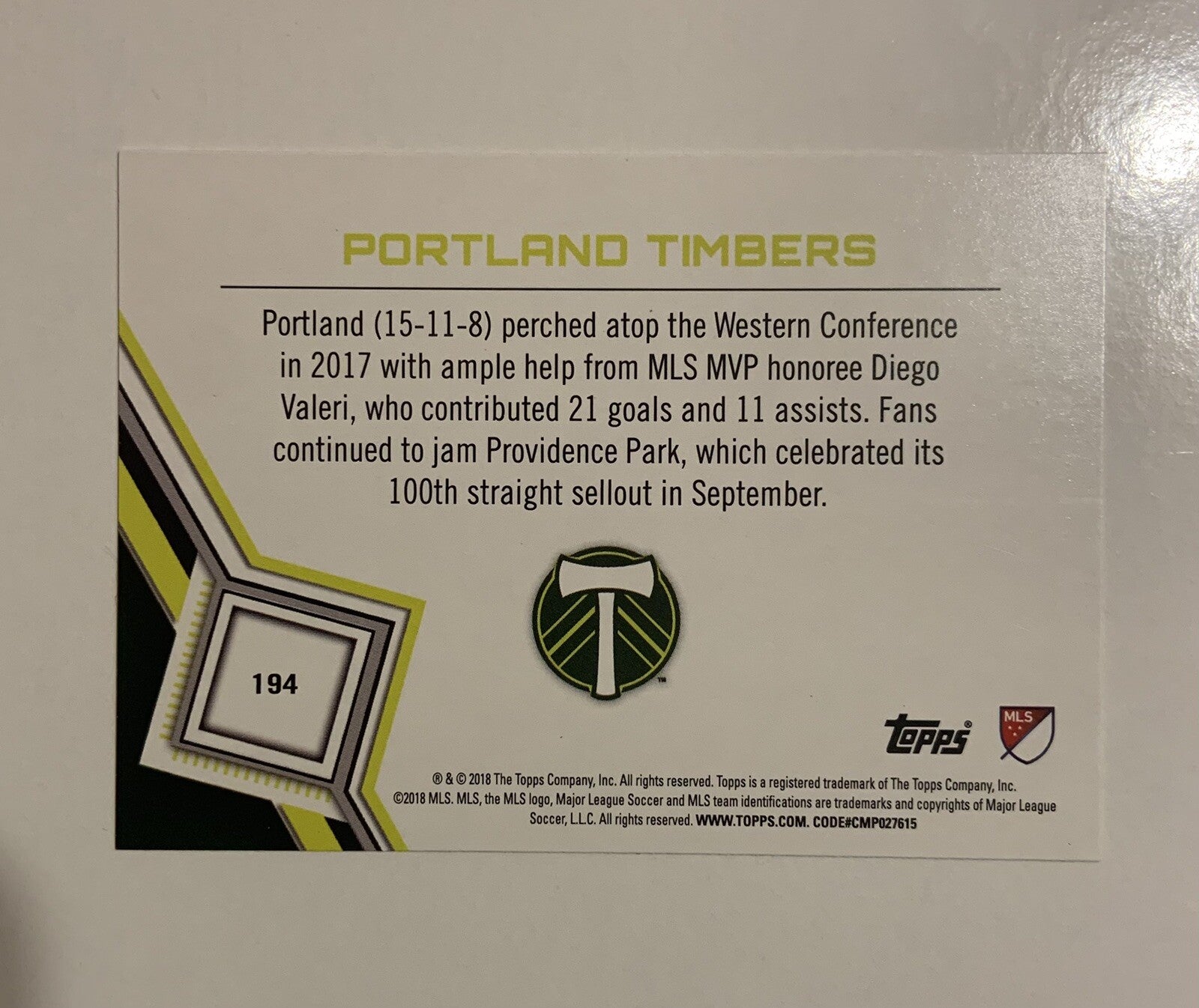 2018 Topps MLS #194 Portland Timbers Team Card