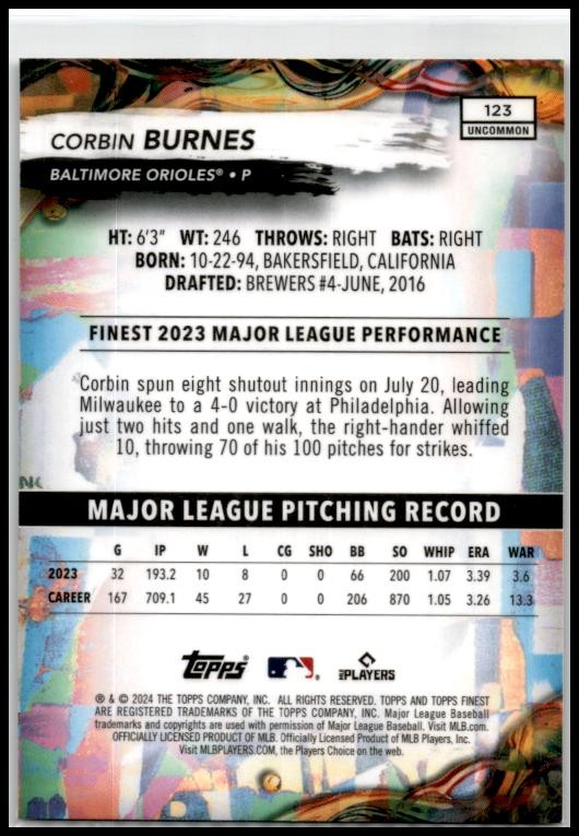 2024 Finest #123 Corbin Burnes Baltimore Orioles