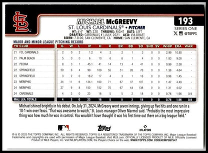 2025 Topps #193 Michael McGreevy Rookie St. Louis Cardinals
