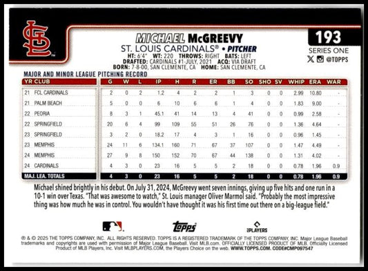 2025 Topps #193 Michael McGreevy Rookie St. Louis Cardinals