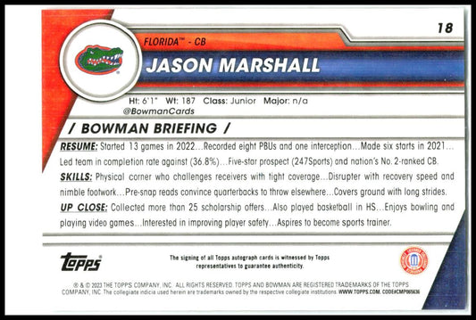 2023 Bowman University Chrome Chrome Prospect Auto #18 Jason Marshall Auto Miami