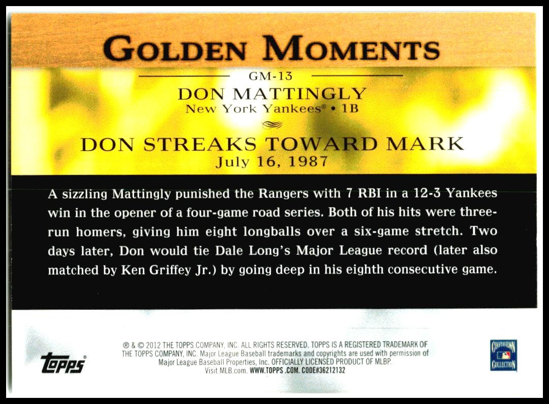 2012 Topps Golden Moments (Series 1) #GM-13 Don Mattingly New York Yankees