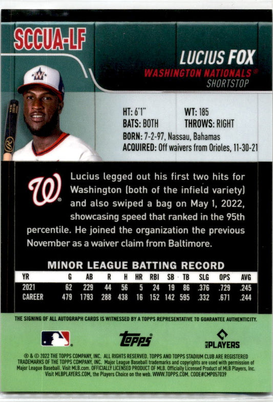 2022 Stadium Club Chrome Auto #SCCUA-LF Lucius Fox Auto Washington Nationals