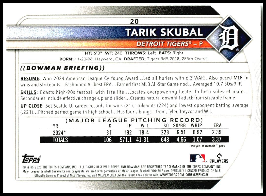 2025 Bowman #20 Tarik Skubal Detroit Tigers
