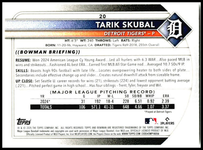 2025 Bowman #20 Tarik Skubal Detroit Tigers