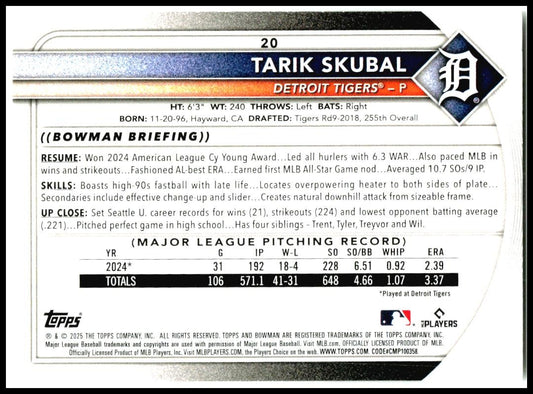 2025 Bowman #20 Tarik Skubal Detroit Tigers