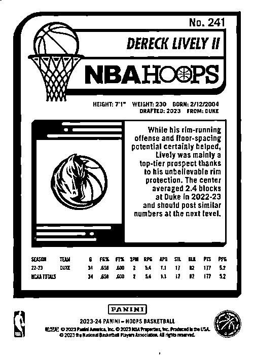 2023-24 Hoops #241 Dereck Lively II Rookie Dallas Mavericks