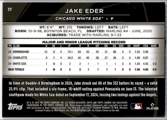 2025 Topps Chrome Black #77 Jake Eder Rookie Chicago White Sox
