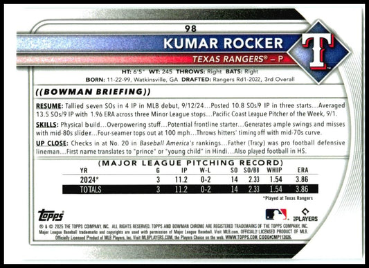 2025 Bowman Chrome #98 Kumar Rocker Rookie Texas Rangers