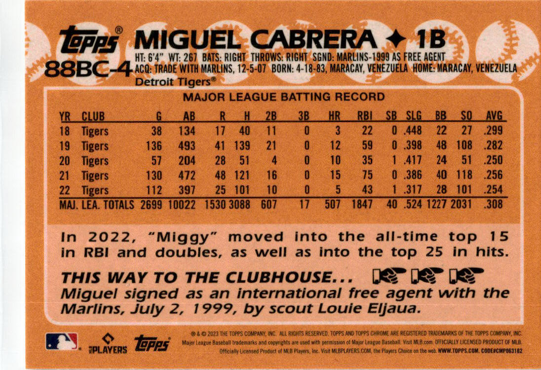2023 Topps Chrome #88BC-4 Miguel Cabrera Detroit Tigers