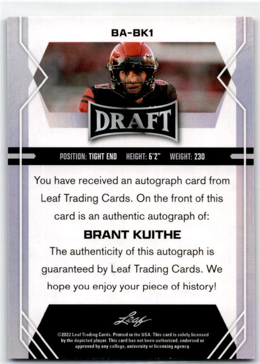 2022  Leaf  Draft Auto #BA-BK1 Brant Kuithe  Utah Utes