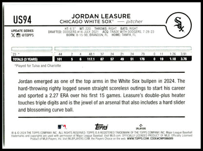 2024 Topps Update #US94 Jordan Leasure Rookie Chicago White Sox