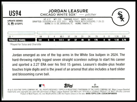 2024 Topps Update #US94 Jordan Leasure Rookie Chicago White Sox