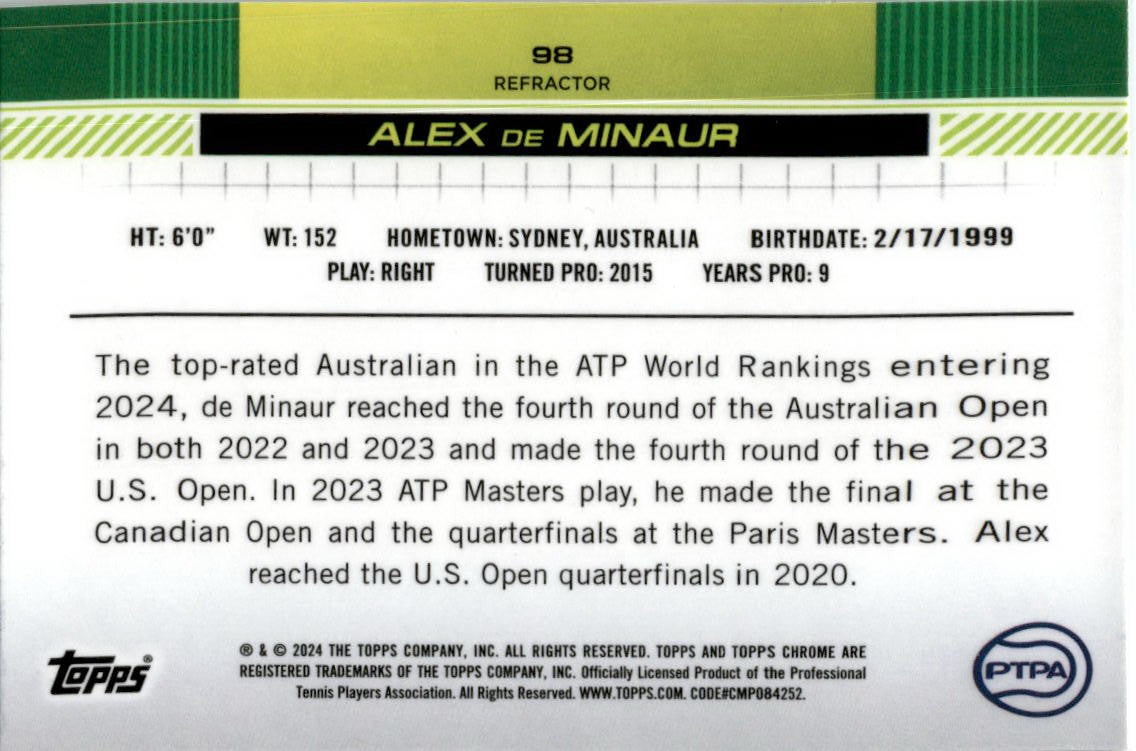2024 Topps Chrome Tennis Refractor #98 Alex De Minaur