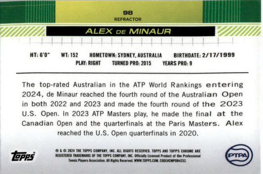 2024 Topps Chrome Tennis Refractor #98 Alex De Minaur