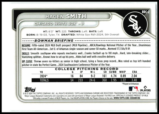 2024 Bowman Draft Chrome #BDC-2 Hagen Smith Chicago White Sox