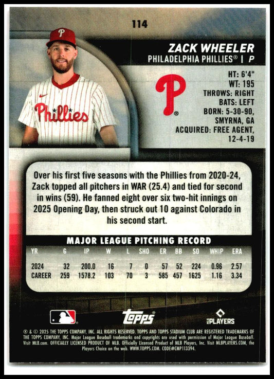 2025 Stadium Club Red Foil #114 Zack Wheeler Philadelphia Phillies