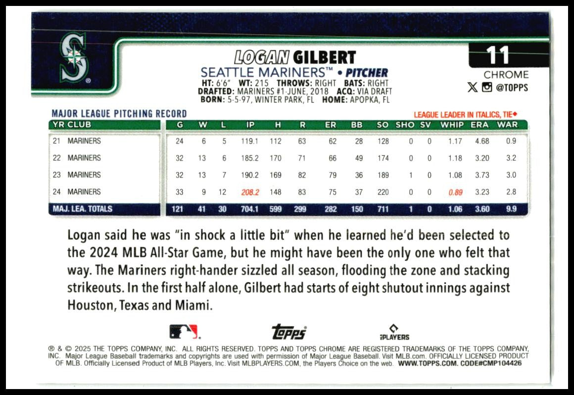 2025 Topps Chrome Raywave Gold /50 #11 Logan Gilbert Seattle Mariners