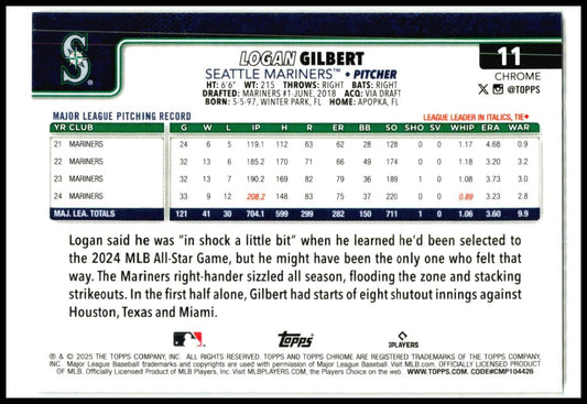 2025 Topps Chrome Raywave Gold /50 #11 Logan Gilbert Seattle Mariners