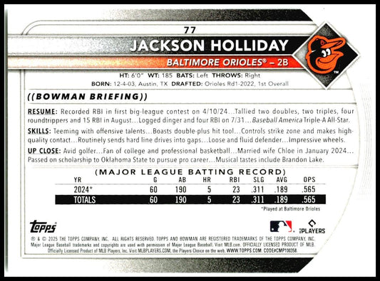 2025 Bowman #77 Jackson Holliday Baltimore Orioles
