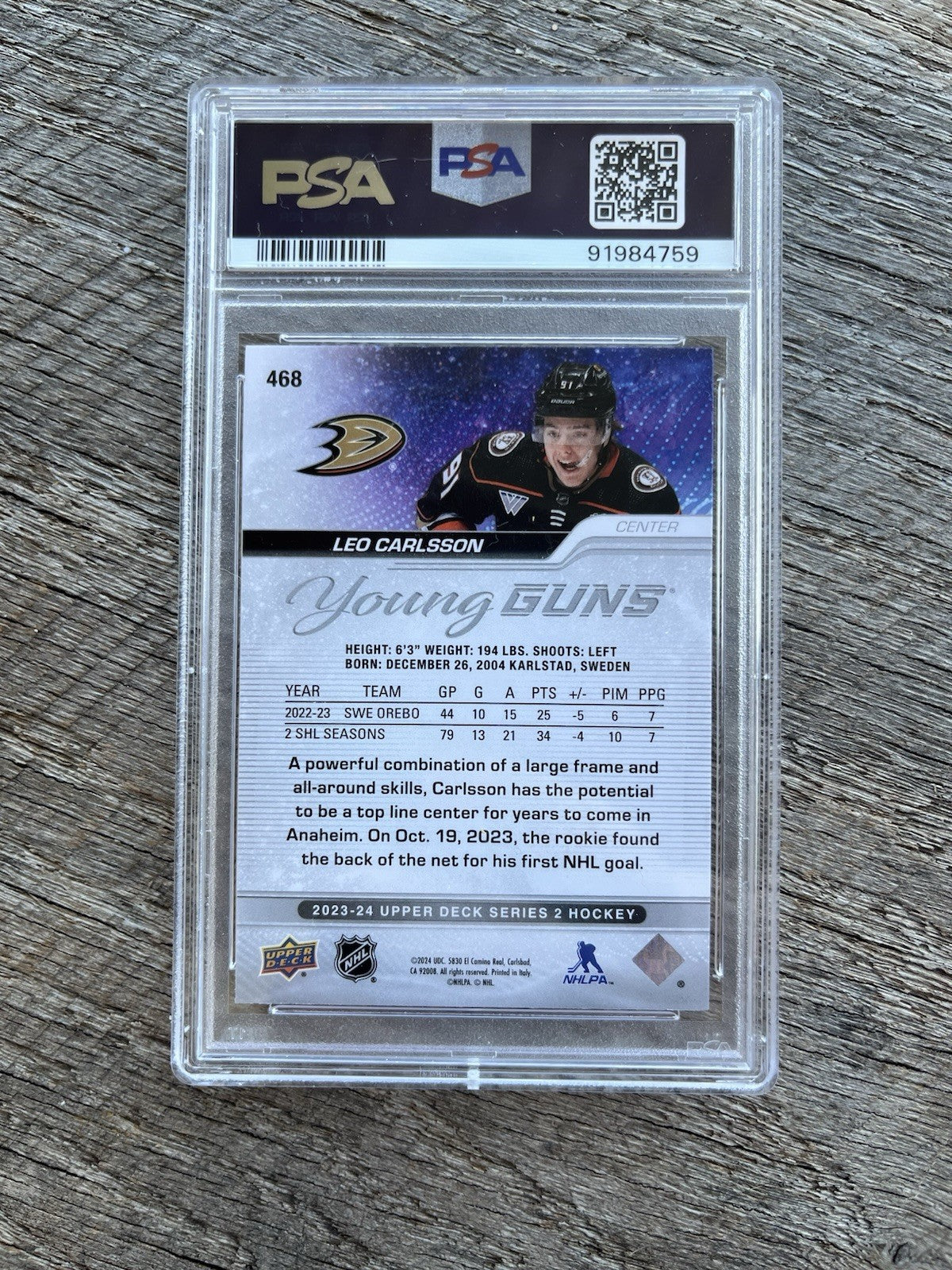 2023-24 Upper Deck #468 Leo Carlsson Young Guns RC - Graded PSA 9 Anaheim Ducks