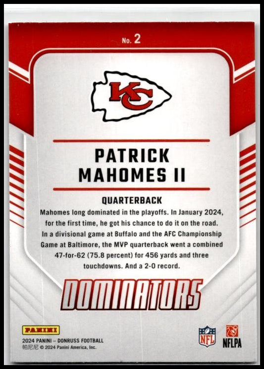 2024 Donruss Dominators #2 Patrick Mahomes II Kansas City Chiefs