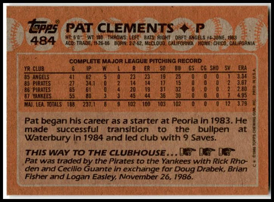 1988 Topps #484 Pat Clements New York Yankees