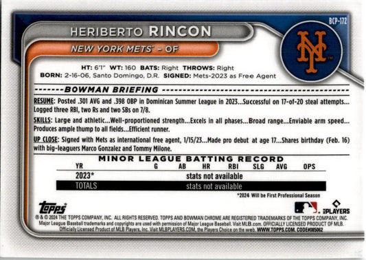 2024 BOWMAN CHROME #BCP-172 Heriberto Rincon New York Mets
