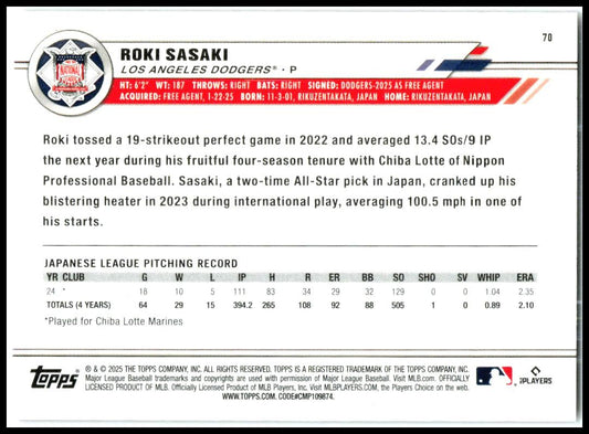 2025 Topps All Star Game Pink Foil #70 Roki Sasaki Rookie Dodgers