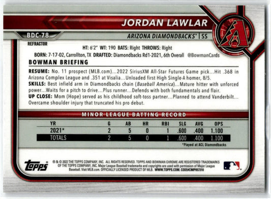 2022 Bowman Draft Chrome Refractor #BDC-78 Jordan Lawlar Arizona Diamondbacks