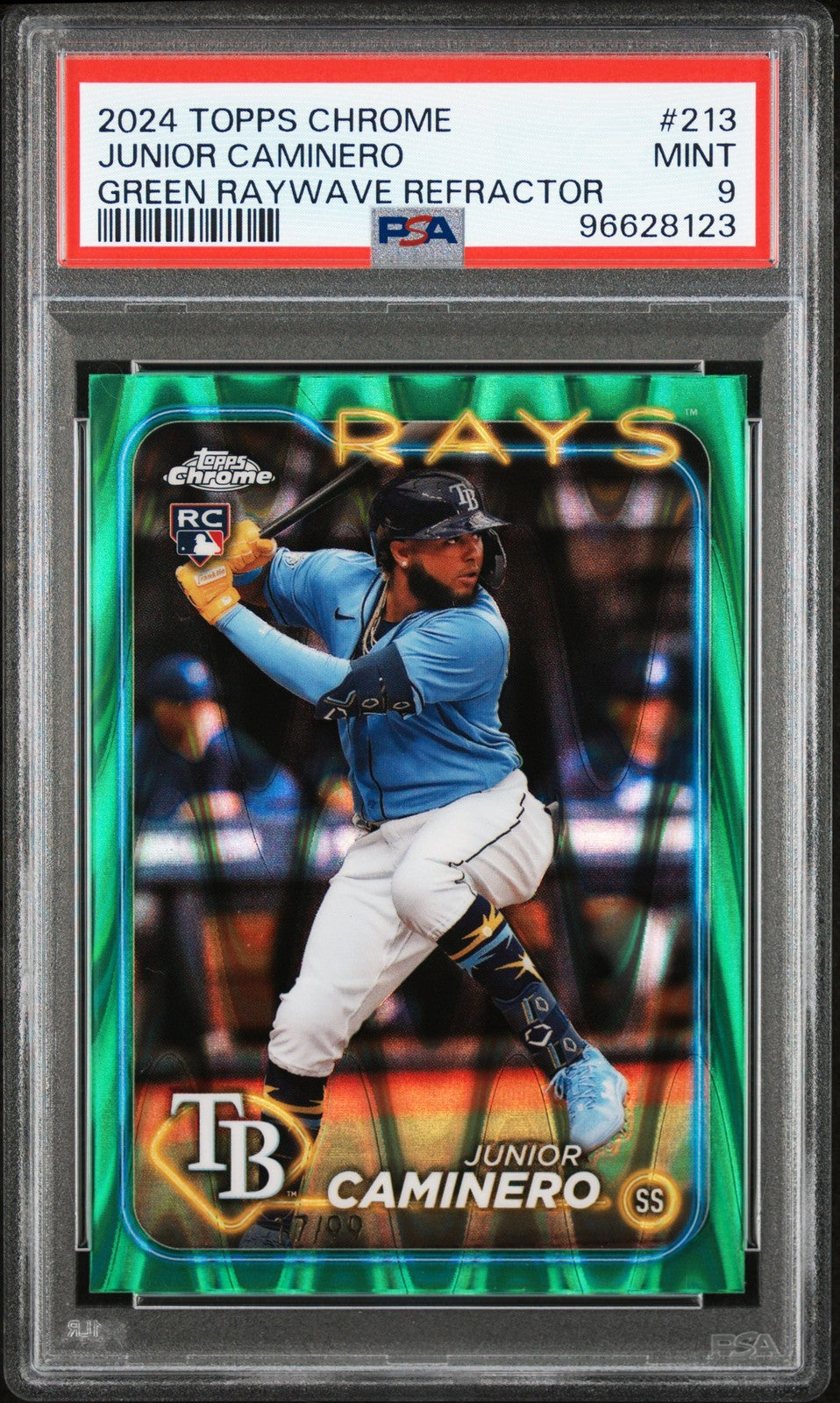 2024 Topps Chrome Green Raywave #213 Junior Caminero Rookie /99 Rays PSA 9 Mint