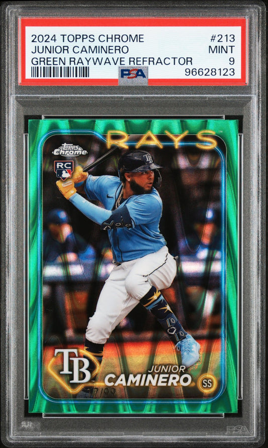 2024 Topps Chrome Green Raywave #213 Junior Caminero Rookie /99 Rays PSA 9 Mint