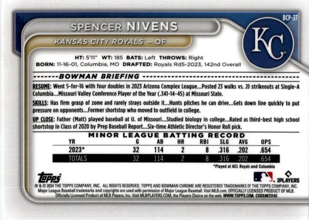 2024 Bowman #BCP-37 Spencer Nivens Kansas City Royals