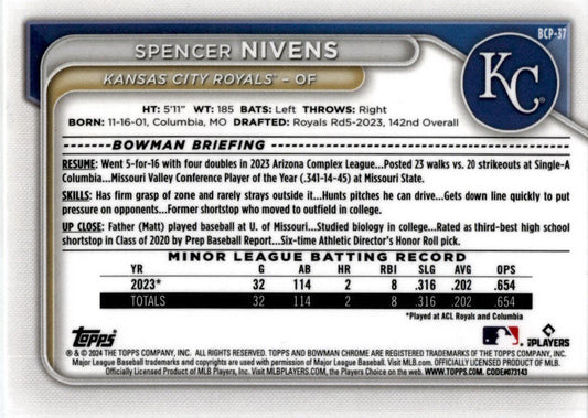 2024 Bowman #BCP-37 Spencer Nivens Kansas City Royals