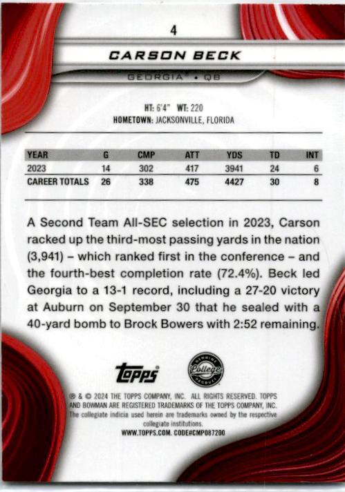 2024 Bowman's Best University #4 Carson Beck Georgia Bulldogs