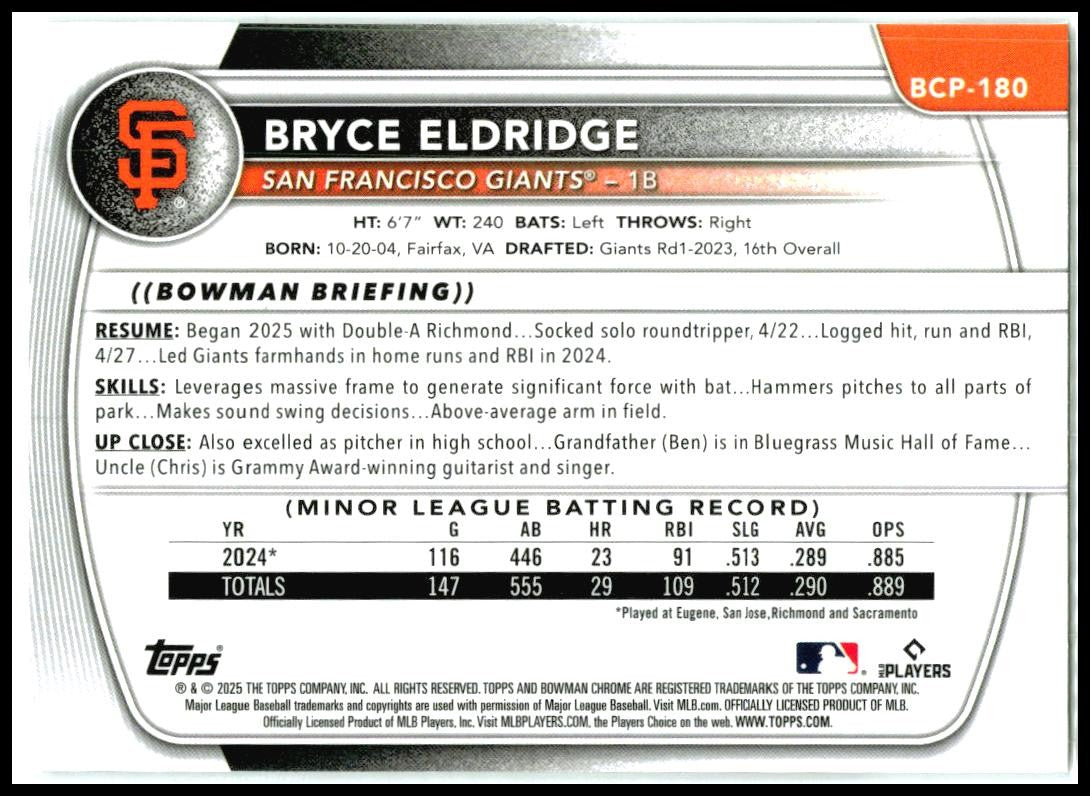 2025 Bowman Chrome Prospects Mojo #BCP-180 Bryce Eldridge San Francisco Giants