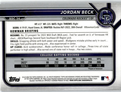 2022 Bowman Draft Chrome Sky Blue Refractor #BDC-34 Jordan Beck Colorado Rockies