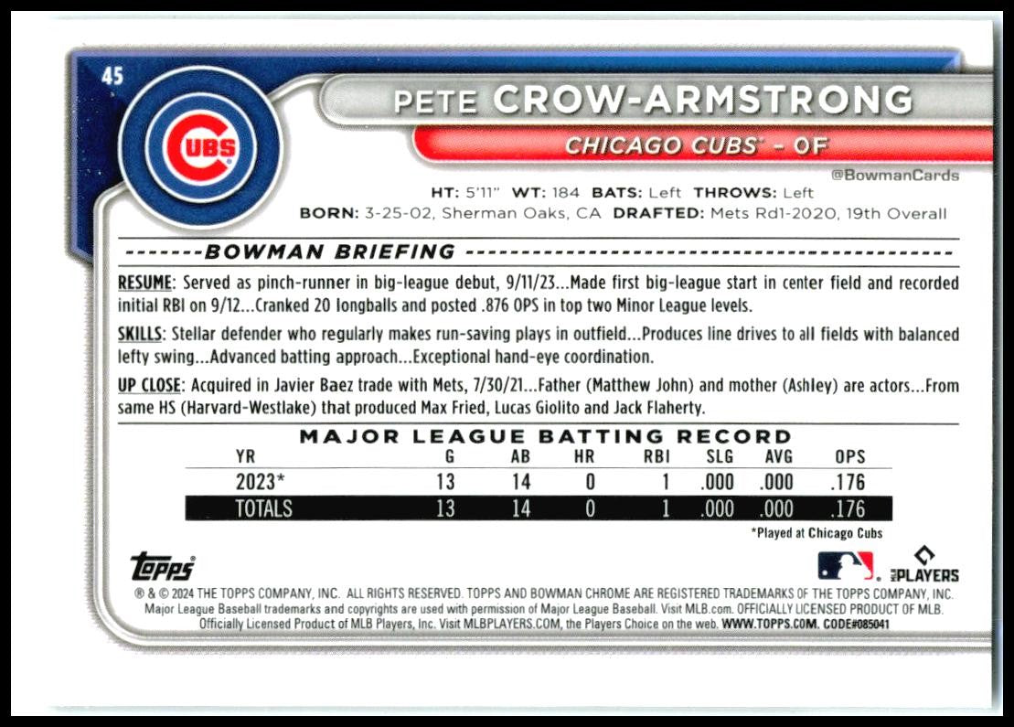2024 Bowman Chrome #45 Pete Crow-Armstrong Rookie Chicago Cubs