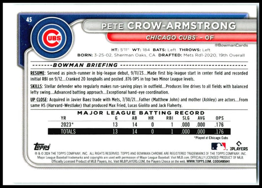 2024 Bowman Chrome #45 Pete Crow-Armstrong Rookie Chicago Cubs
