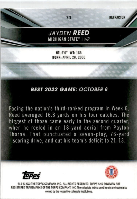 2022-23 Bowman's Best University Refractor #70 Jayden Reed  Michigan State