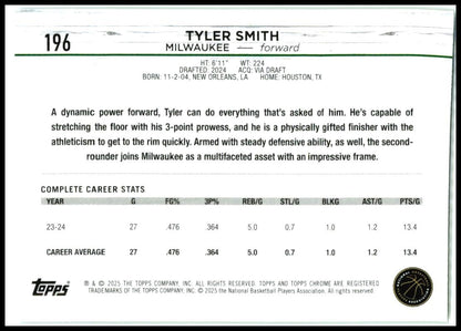 2024-25 Topps Chrome Green Wave /65 #196 Tyler Smith Rookie Milwaukee Bucks