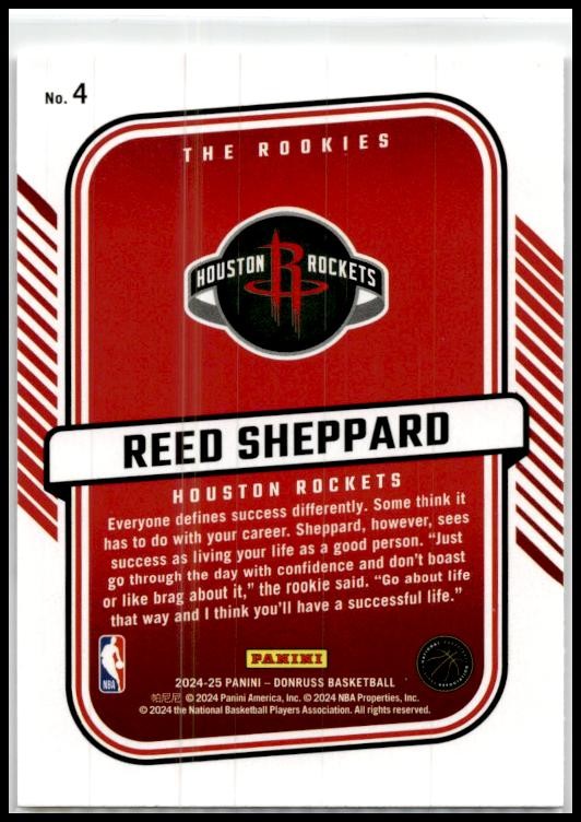 2024-25 Donruss The Rookies #4 Reed Sheppard Houston Rockets